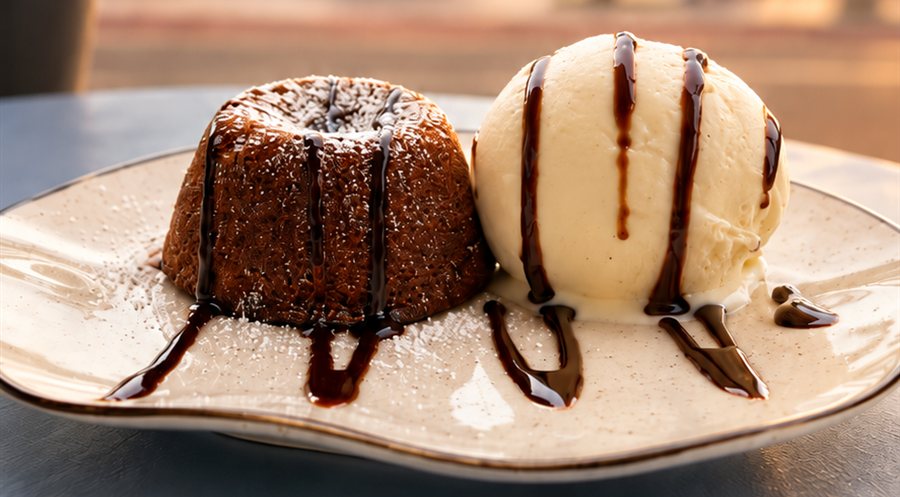 Petit Gateau com o centro derretido, coberto por uma bola de gelato artesanal